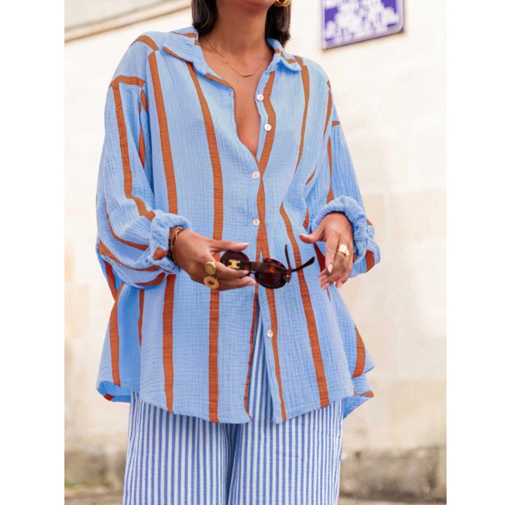 Blue Striped Oversized Button Down Shirt Long Sleeve - Picture 3 of 6